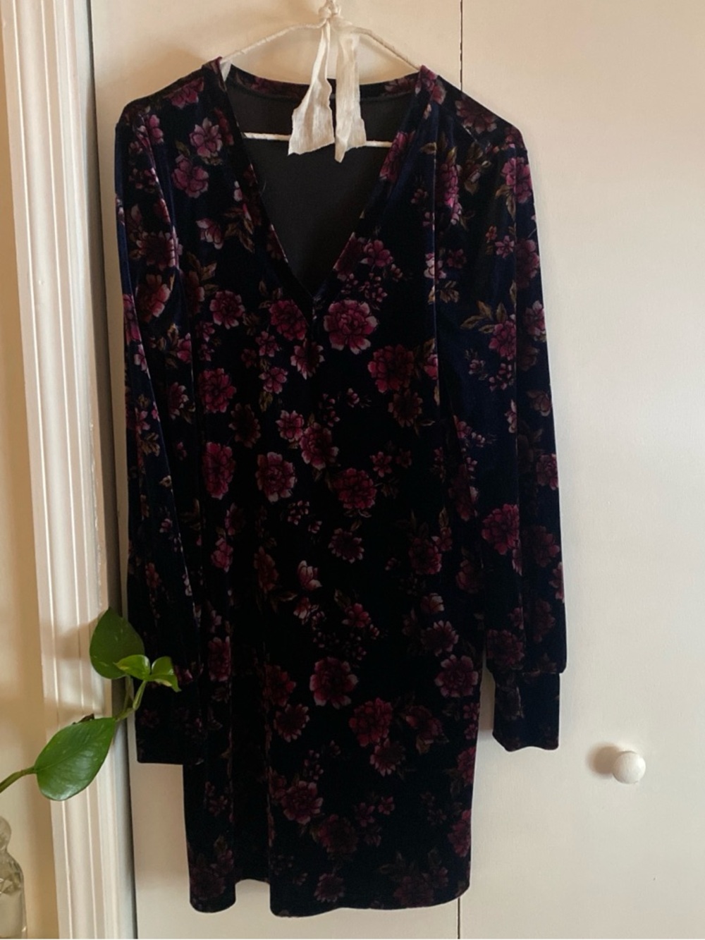 STATE Black Velvet Long Sleeve Dress with Plum Floral Print